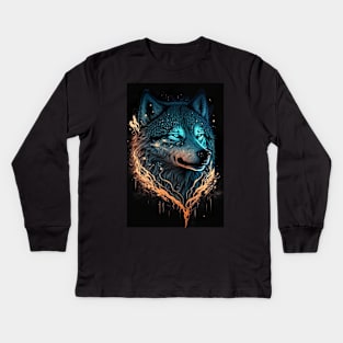 Cool Wolf portrait with teal and orange glow Kids Long Sleeve T-Shirt